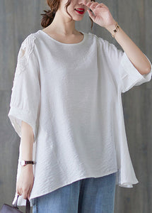 Simple White O-Neck Asymmetrical Patchwork Cotton T Shirt Summer