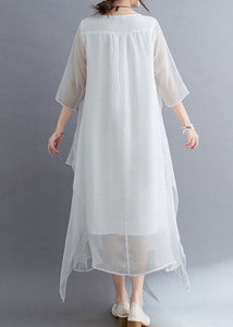 Simple White O Neck Embroideried Patchwork Chiffon Dresses Summer