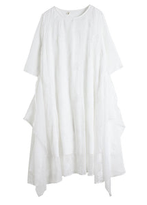 Simple White O Neck Embroideried Patchwork Chiffon Dresses Summer