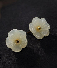 Load image into Gallery viewer, Simple White Sterling Silver Inlaid Jade Floral Stud Earrings