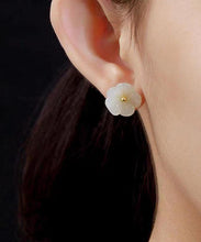 Load image into Gallery viewer, Simple White Sterling Silver Inlaid Jade Floral Stud Earrings