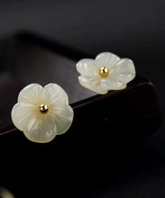 Load image into Gallery viewer, Simple White Sterling Silver Inlaid Jade Floral Stud Earrings