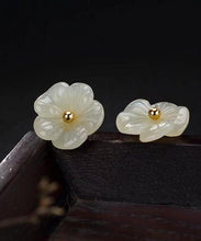 Load image into Gallery viewer, Simple White Sterling Silver Inlaid Jade Floral Stud Earrings