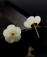 Load image into Gallery viewer, Simple White Sterling Silver Inlaid Jade Floral Stud Earrings