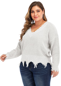 Simple White V Neck Thin Hole Knit Sweater Long Sleeve