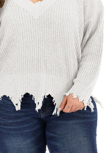 Simple White V Neck Thin Hole Knit Sweater Long Sleeve