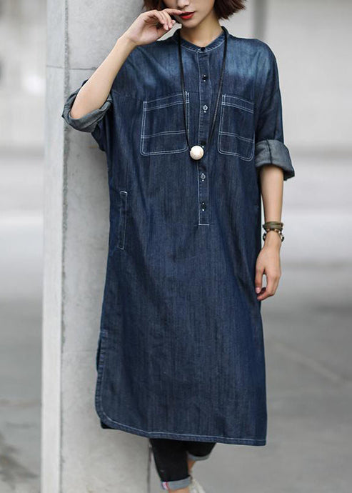 Simple cotton dress Fitted Blue Autumn Casual Cotton Solid Slit Denim Dress