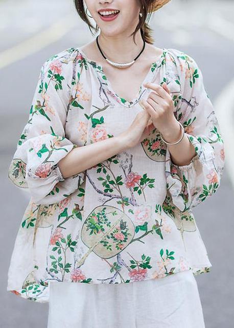 Simple linen box top Fashion Print Cotton Linen V-Neck Lantern Sleeve Blouse