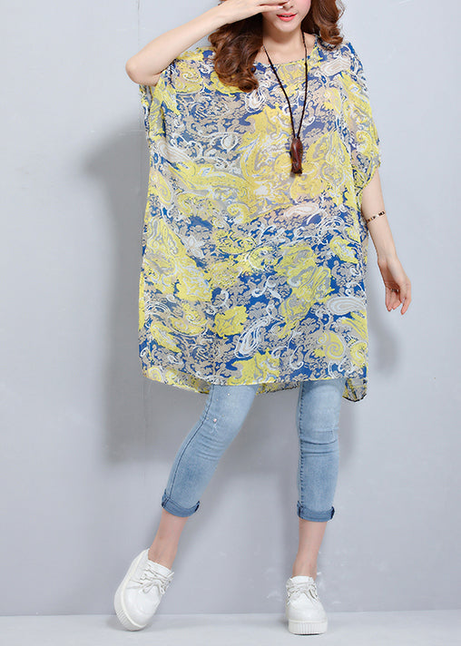 Simple o neck Batwing Sleeve chiffon tunic pattern plus size Photography floral blouses Summer