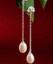 Load image into Gallery viewer, Skinny Beige Sterling Silver Pearl Lotus Drop Earrings