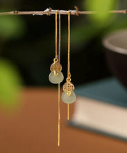 Load image into Gallery viewer, Skinny Gold Sterling Silver Overgild Inlaid Jade Gourd Drop Earrings