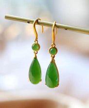 Load image into Gallery viewer, Skinny Green Sterling Silver Inlaid Jade Drop Earrings