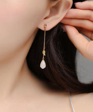 Load image into Gallery viewer, Skinny White Sterling Silver Overgild Jade Leaf Tassel Drop Earrings