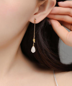 Skinny White Sterling Silver Overgild Jade Leaf Tassel Drop Earrings