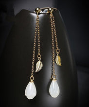 Load image into Gallery viewer, Skinny White Sterling Silver Overgild Jade Leaf Tassel Drop Earrings