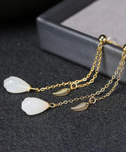 Load image into Gallery viewer, Skinny White Sterling Silver Overgild Jade Leaf Tassel Drop Earrings