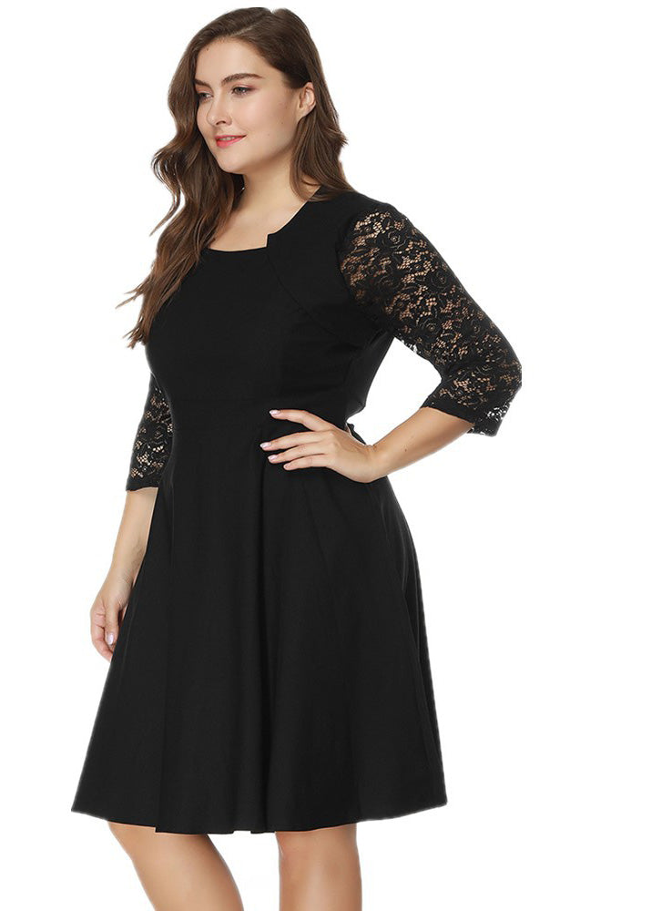 Slim Fit Black O-Neck Lace Patchwork Cotton Mid Dresses Bracelet Sleeve