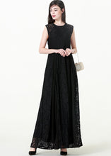 Load image into Gallery viewer, Slim Fit Black Patchwork Hollow Out Solid Lace Long Dresses Sleeveless