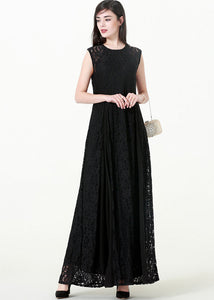 Slim Fit Black Patchwork Hollow Out Solid Lace Long Dresses Sleeveless