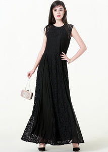 Slim Fit Black Patchwork Hollow Out Solid Lace Long Dresses Sleeveless