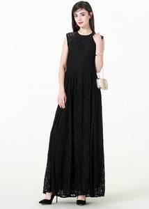 Slim Fit Black Patchwork Hollow Out Solid Lace Long Dresses Sleeveless