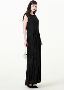 Slim Fit Black Patchwork Hollow Out Solid Lace Long Dresses Sleeveless