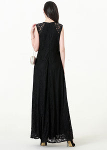 Slim Fit Black Patchwork Hollow Out Solid Lace Long Dresses Sleeveless