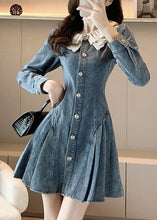 Load image into Gallery viewer, Slim Fit Blue O-Neck Lace Patchwork Button Denim Mid Dress Long Sleeve