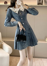 Load image into Gallery viewer, Slim Fit Blue O-Neck Lace Patchwork Button Denim Mid Dress Long Sleeve