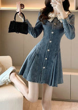 Load image into Gallery viewer, Slim Fit Blue O-Neck Lace Patchwork Button Denim Mid Dress Long Sleeve