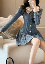 Load image into Gallery viewer, Slim Fit Blue O-Neck Lace Patchwork Button Denim Mid Dress Long Sleeve