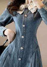 Load image into Gallery viewer, Slim Fit Blue O-Neck Lace Patchwork Button Denim Mid Dress Long Sleeve