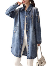 Load image into Gallery viewer, Slim Fit Blue Peter Pan Collar Embroideried Patchwork Button Denim Coat Spring