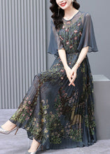 Load image into Gallery viewer, Slim Fit Charcoal Grey Print Exra Large Hem Chiffon Pleated Dress Flare Sleeve