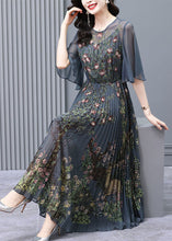 Load image into Gallery viewer, Slim Fit Charcoal Grey Print Exra Large Hem Chiffon Pleated Dress Flare Sleeve