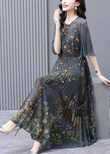 Load image into Gallery viewer, Slim Fit Charcoal Grey Print Exra Large Hem Chiffon Pleated Dress Flare Sleeve