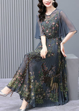 Load image into Gallery viewer, Slim Fit Charcoal Grey Print Exra Large Hem Chiffon Pleated Dress Flare Sleeve