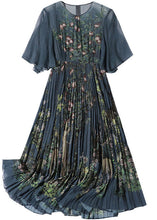 Load image into Gallery viewer, Slim Fit Charcoal Grey Print Exra Large Hem Chiffon Pleated Dress Flare Sleeve