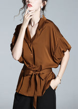 Load image into Gallery viewer, Slim Fit Coffee Notched Tie Waist Button Silk Shirt Short Sleeve