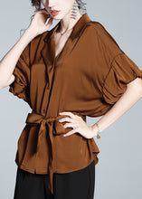 Load image into Gallery viewer, Slim Fit Coffee Notched Tie Waist Button Silk Shirt Short Sleeve