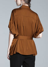 Load image into Gallery viewer, Slim Fit Coffee Notched Tie Waist Button Silk Shirt Short Sleeve