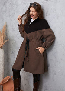 Slim Fit Coffee Stand Collar Patchwork Drawstring Zippered Long Trench Coats Fall