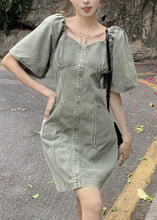 Load image into Gallery viewer, Slim Fit Grey Green Patchwork Button Denim Mid Dress Summer