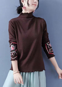 Slim Fit Khaki Ruffled Embroideried Cotton Blouses Spring