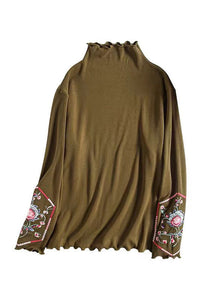 Slim Fit Khaki Ruffled Embroideried Cotton Blouses Spring