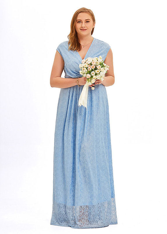 Slim Fit Light Blue Hollow Out Patchwork Lace Maxi Dress Sleeveless