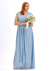 Slim Fit Light Blue Hollow Out Patchwork Lace Maxi Dress Sleeveless