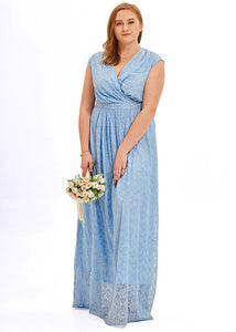 Slim Fit Light Blue Hollow Out Patchwork Lace Maxi Dress Sleeveless