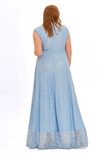 Slim Fit Light Blue Hollow Out Patchwork Lace Maxi Dress Sleeveless