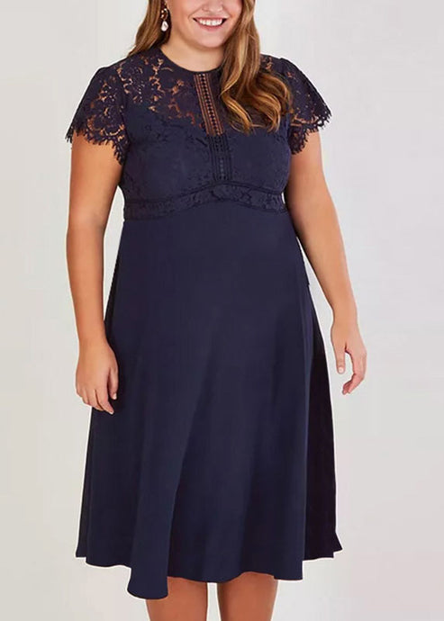 Slim Fit Navy Blue Lace Patchwork Knit Holiday Maxi Dress Short Sleeve